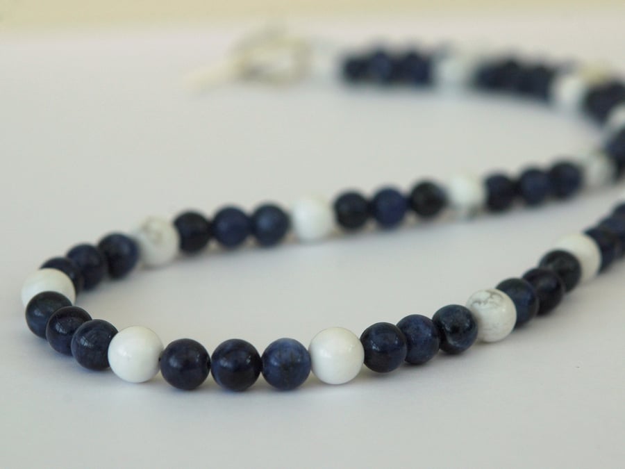 Sodalite and White Howlite Beaded Necklace with Sterling Silver