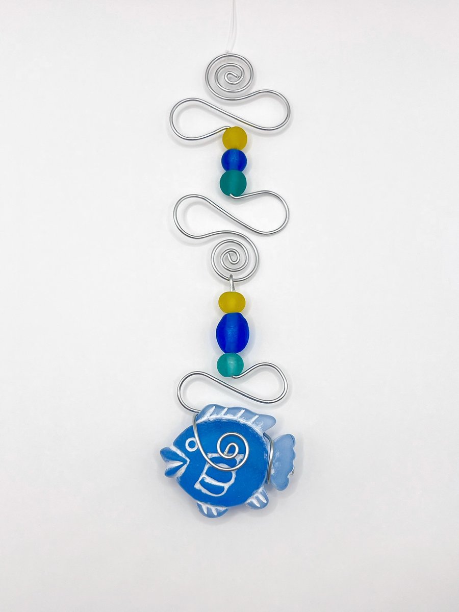 Blue Fish and Wire Mobile with Sea Green and Turquoise Glass Beads