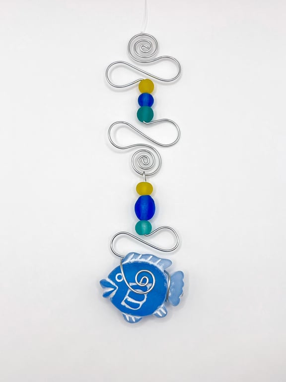 Blue Fish and Wire Mobile with Sea Green and Turquoise Glass Beads