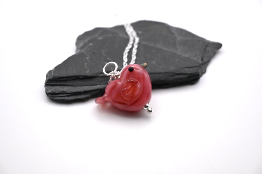 lampwork glass pink bird pendant necklace