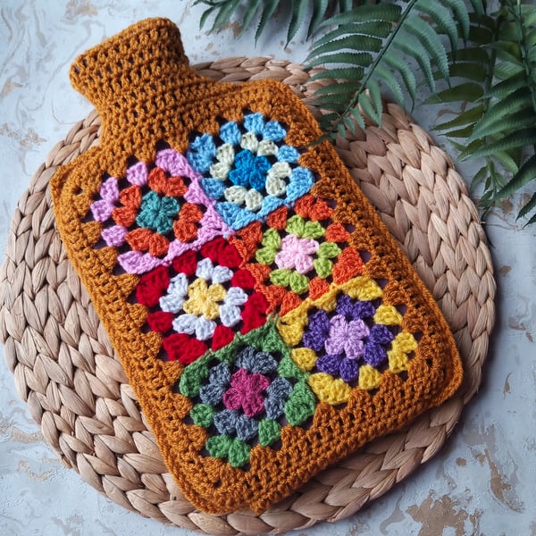  Crochet 'Happy Scrappy' Granny Square Hot Water Bottle Cover 