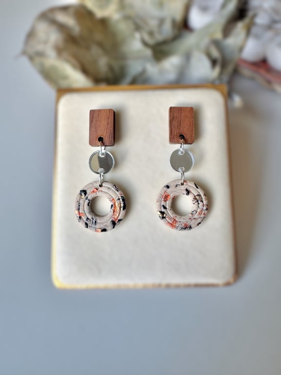 Animal Print - Walnut, Acrylic and Polymer Clay Drop earrings 
