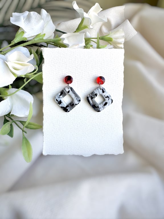Monochrome Geometric Earrings - Red Stud Marble Dangles