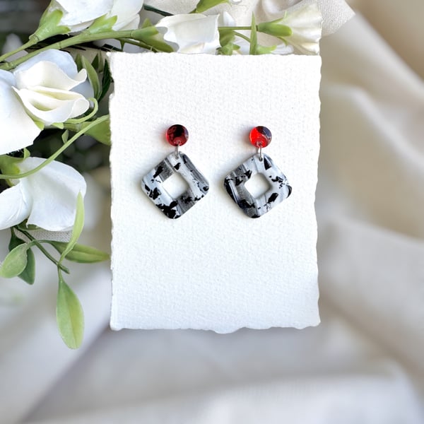 Monochrome Geometric Earrings - Red Stud Marble Dangles