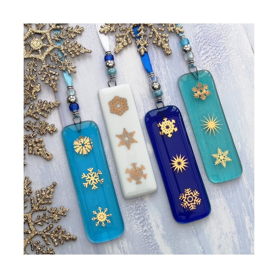 Fused Glass Gold Snowflake Hanging Tree Decorations - Handmade Glass Drops