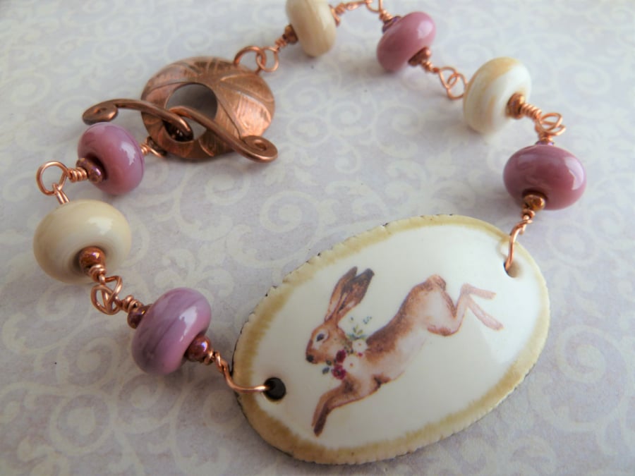 pink ceramic hare lampwork and copper bracelet