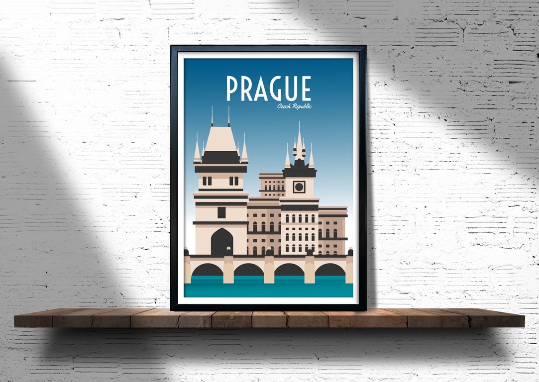 Prague retro travel poster, Prague city print, Czech Republic travel poster