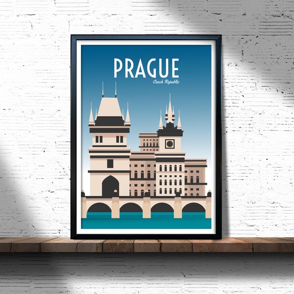 Prague retro travel poster, Prague city print, Czech Republic travel poster