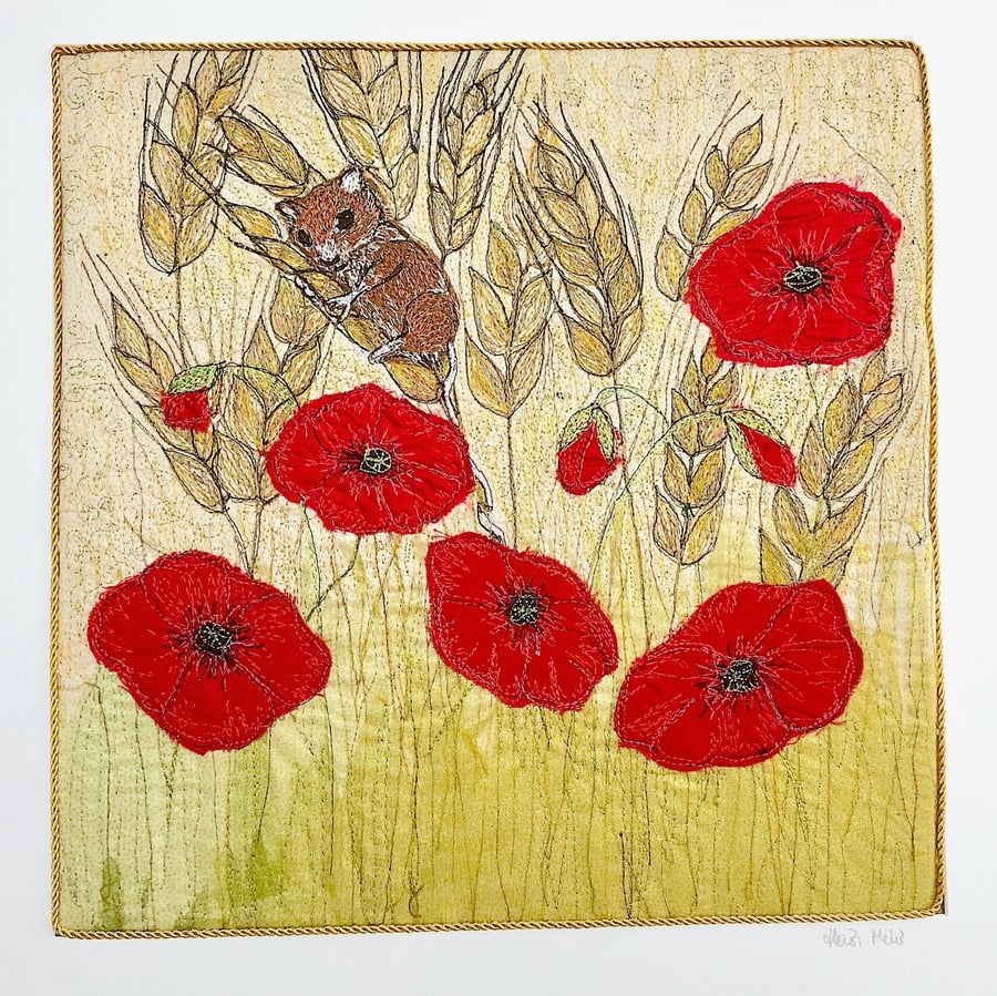 Harvest mouse with Poppies in cornfield textile artwork - embroidered fabric art