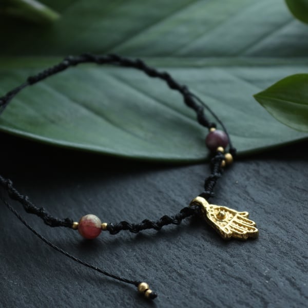 Anklet with pink Tourrmaline and Hansa hand brass charm 