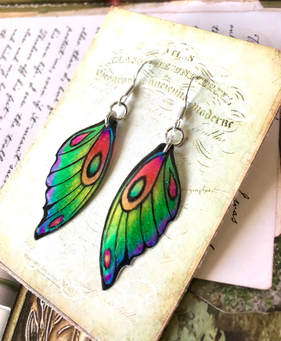 Green Yellow Orange and Purple Fairy wing Earrings Sterling Silver Hooks