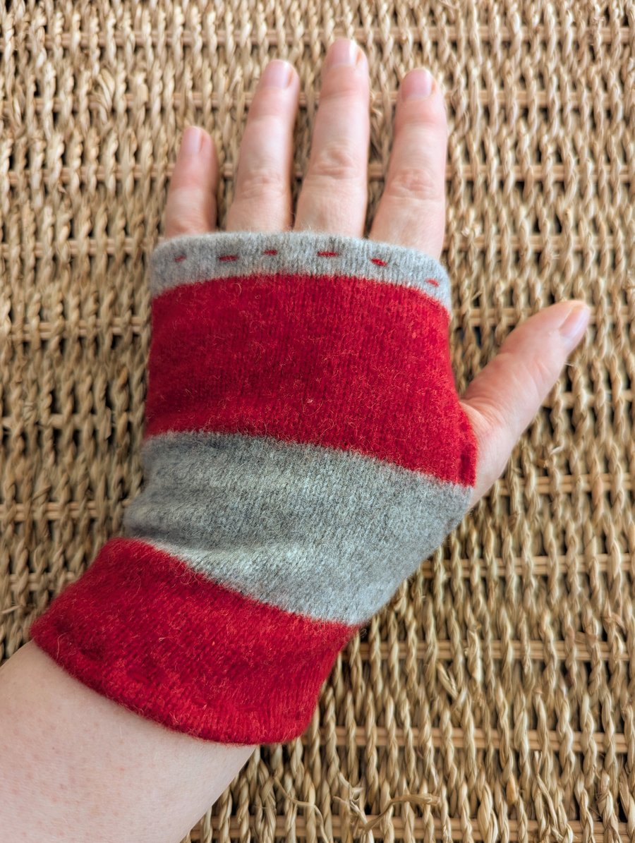 Red Grey Striped Wool Wrist Warmers Upcycled from recycled knitwear 