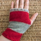 Red Grey Striped Wool Wrist Warmers Upcycled from recycled knitwear 
