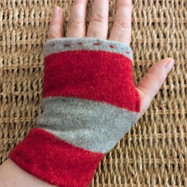 Red Grey Striped Wool Wrist Warmers Upcycled from recycled knitwear 