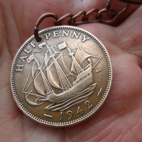 80th Birthday gift 1943 lucky Ship Halfpenny coin keyring unusual gift 80th birt