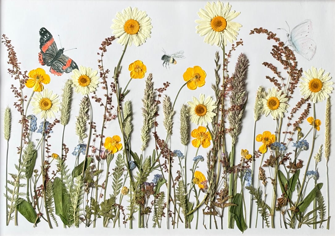 Original Pressed Flower Meadow with Hand Painted Bee & Butterflies
