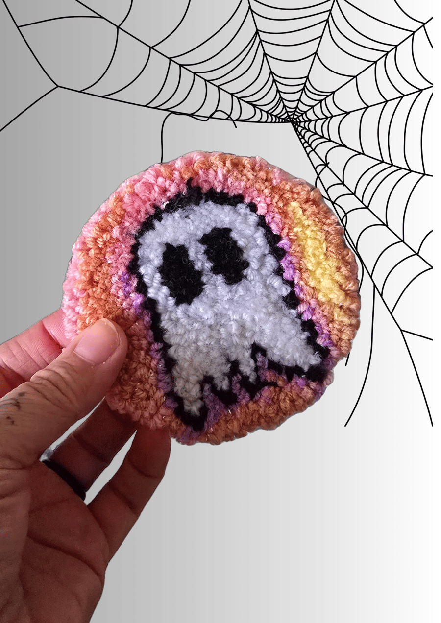 Pink Ghoster Ghost Punch Needle Mug Rug Coaster