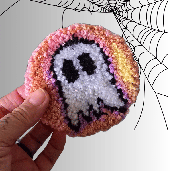 Pink Ghoster Ghost Punch Needle Mug Rug Coaster