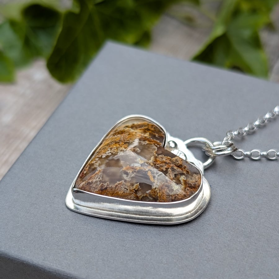 Sterling Silver Plume Agate Heart Gemstone Necklace - JBJ2064