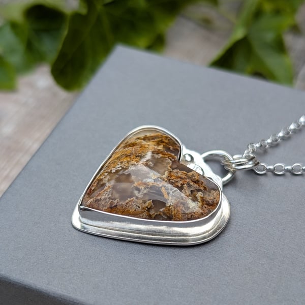 Sterling Silver Plume Agate Heart Gemstone Necklace - JBJ2064