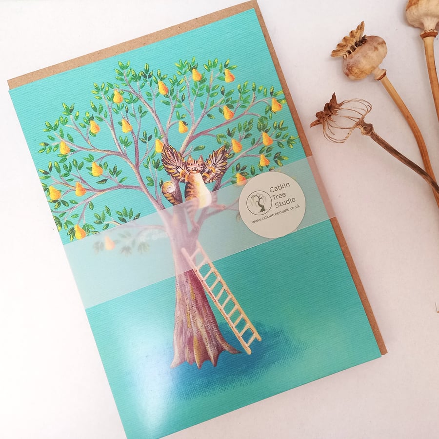Greetings Card Pack of 4 - 'Partridge' Cat in a Pear Tree