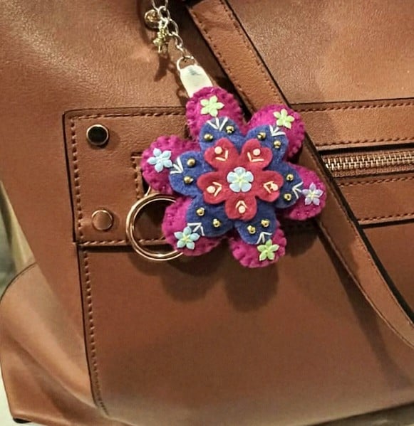 Embroidered Felt Flower bag Charm – Beaded pink Keyring Accessory
