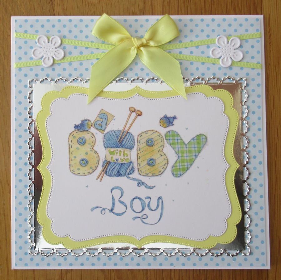 Baby Boy Words & Knitting - 7x7" New Baby Card
