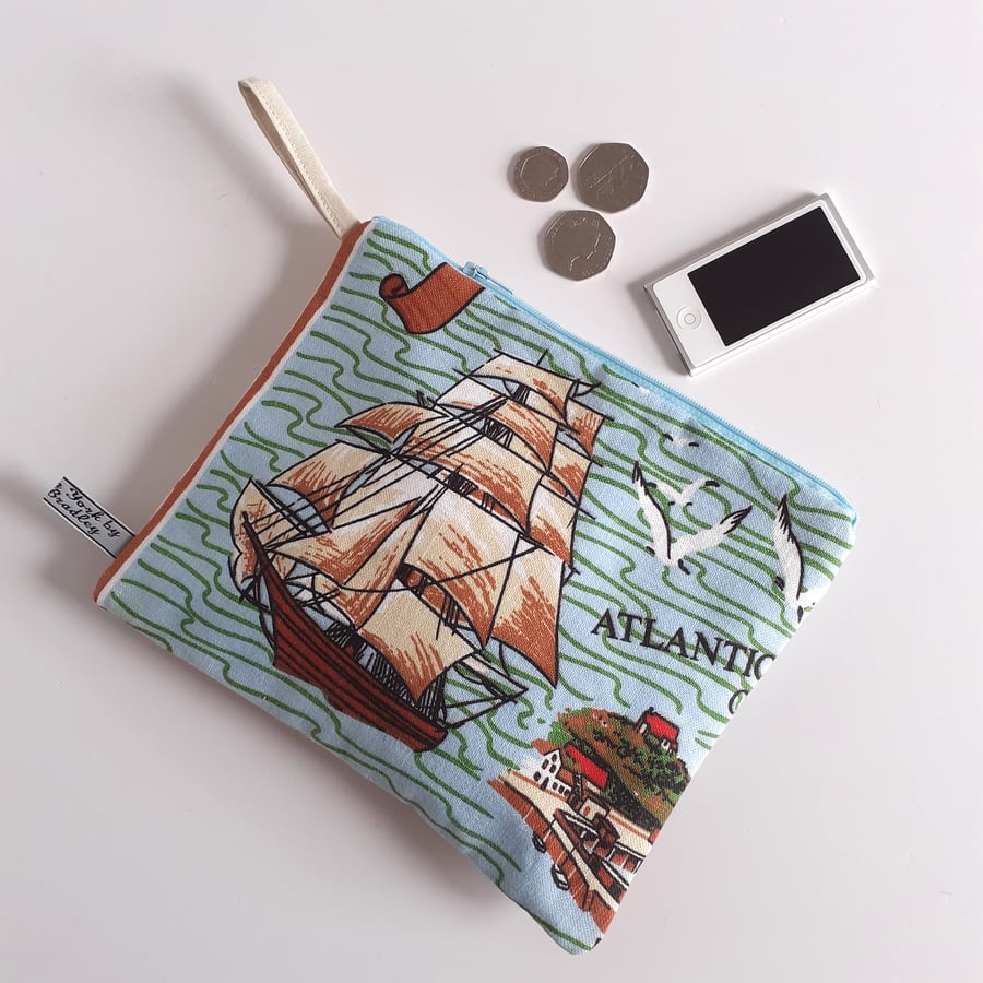 Devon and Cornwall upcycled vintage tea towel make up bag, pouch or purse