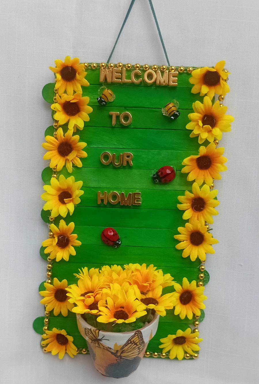 Handmade sunflower wall decoration.