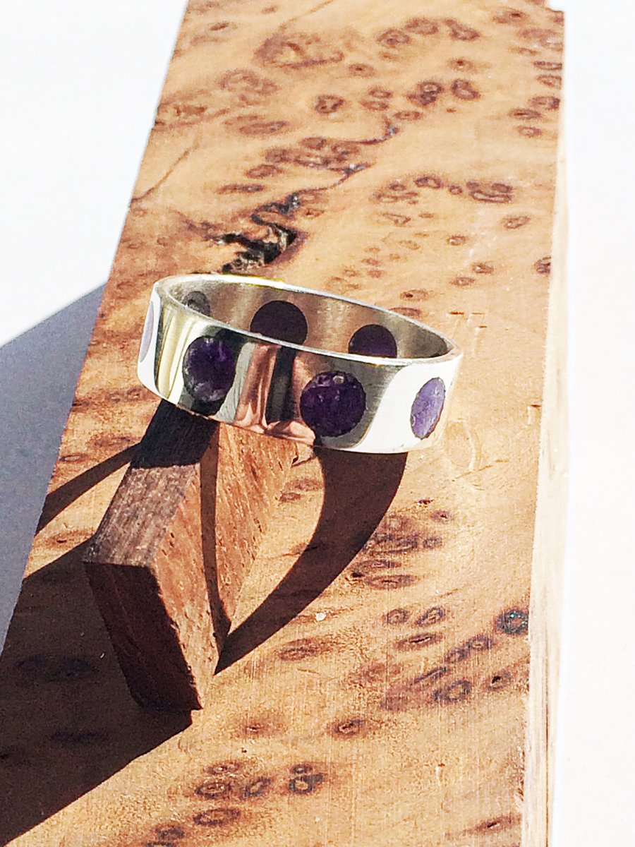 Crushed Purple Oyster Shell Dots  Inlaid in Sterling Silver Ring