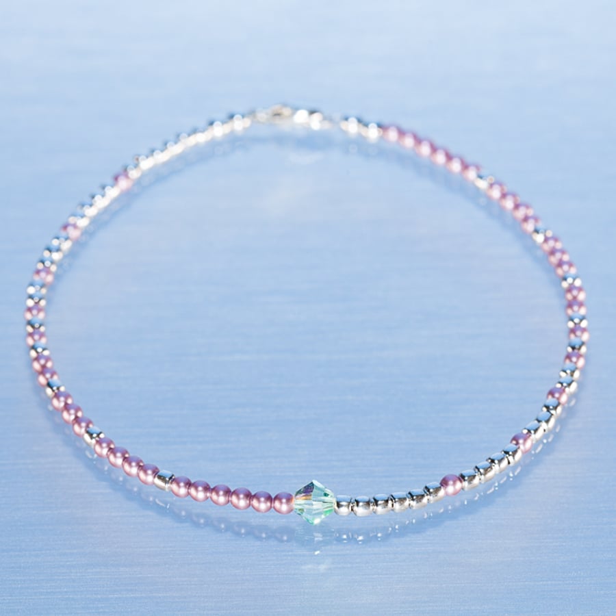 Bracelet dainty sterling silver & Swarovski pink glass pearl asymmetric pattern 