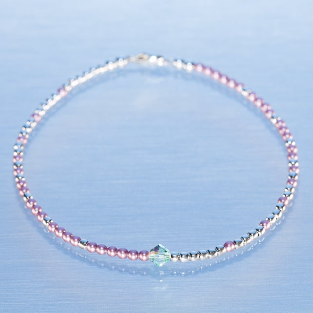 Bracelet dainty sterling silver & Swarovski pink glass pearl asymmetric pattern 