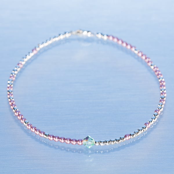 Bracelet dainty sterling silver & Swarovski pink glass pearl asymmetric pattern 