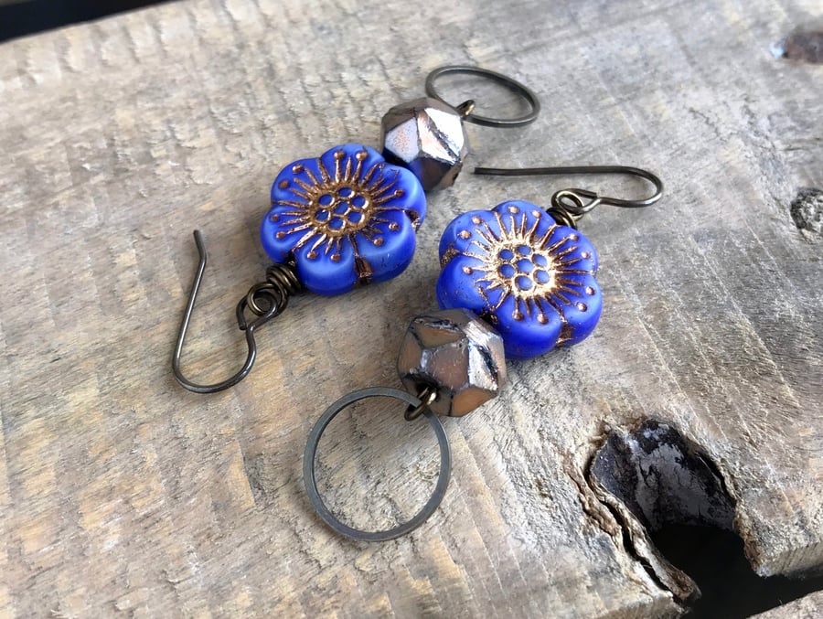  Blue & Gold Earrings. Czech Glass Floral Earrings. Anemone Flower Earrings