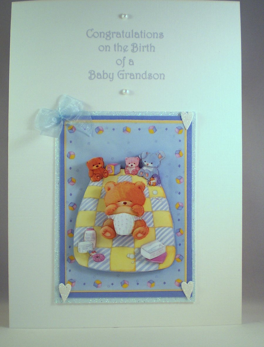 New Baby Card For Grandson,Grandparents,3D,Decoupage,handmade personalise