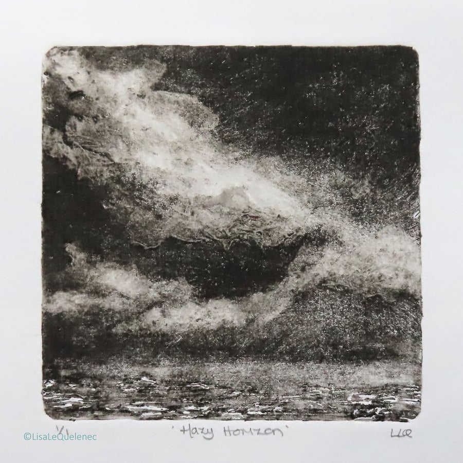 Hazy Horizon OOAK monoprint black and white coastal beach scene