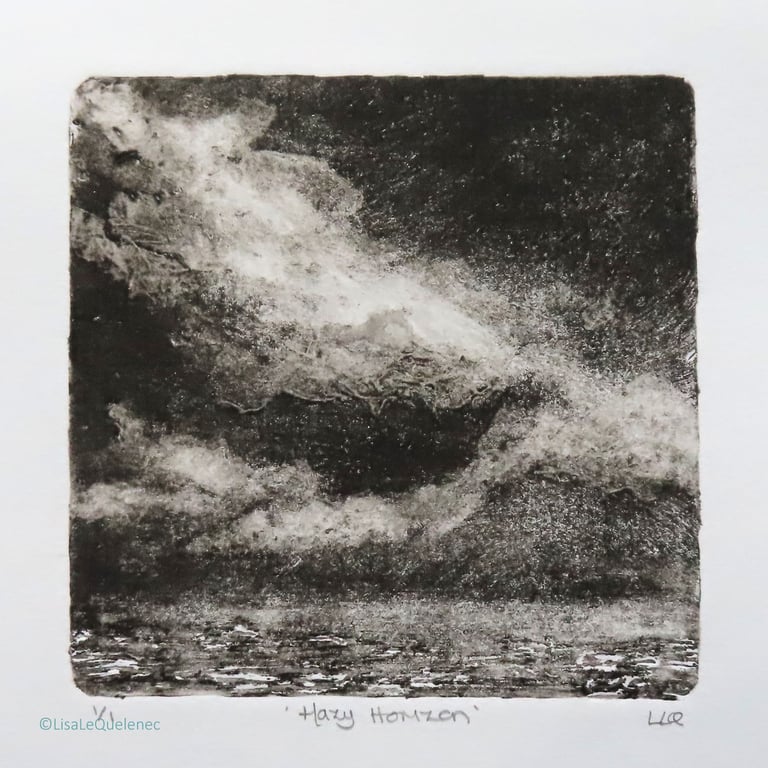 Hazy Horizon OOAK monoprint black and white coastal beach scene