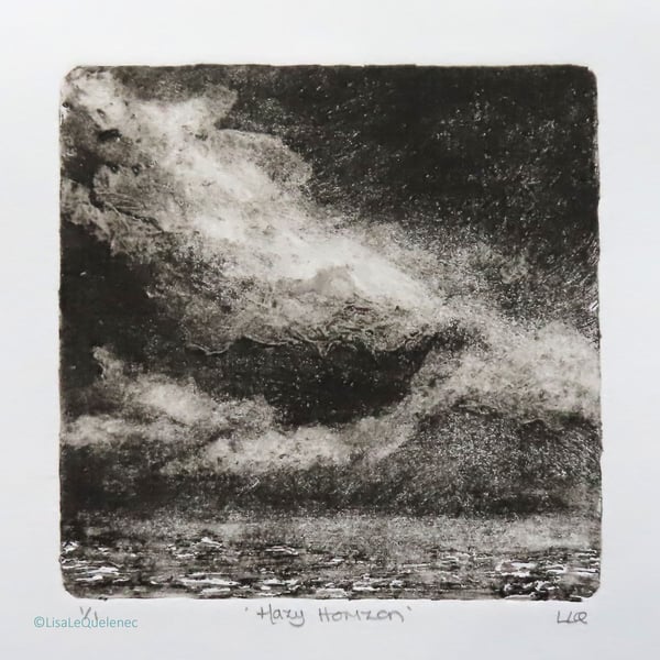 Hazy Horizon OOAK monoprint black and white coastal beach scene
