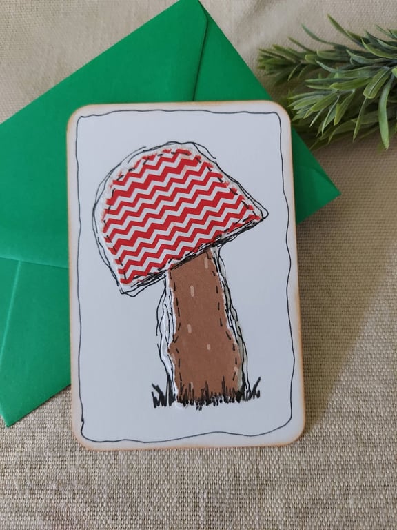 Handmade Mushroom or Toadstool Collage Notecard - Eco-Friendly Card (A6) stripe