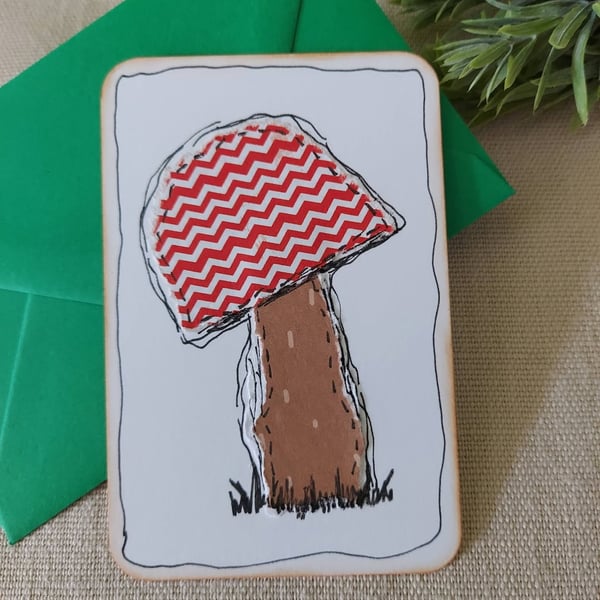 Handmade Mushroom or Toadstool Collage Notecard - Eco-Friendly Card (A6) stripe