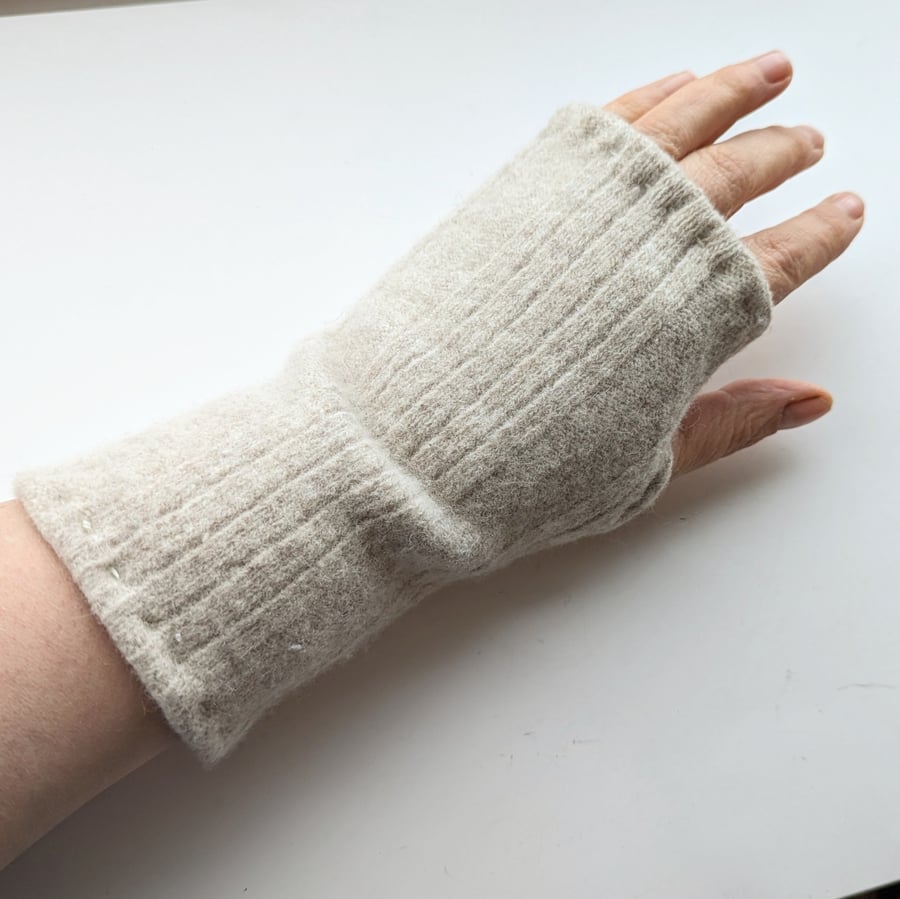 Cream Wrist Warmers ribbed detail Upcycled from wool jumper 