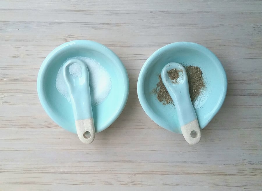 Ceramic hand made salt and pepper dishes with handmade spoons & turquoise glaze