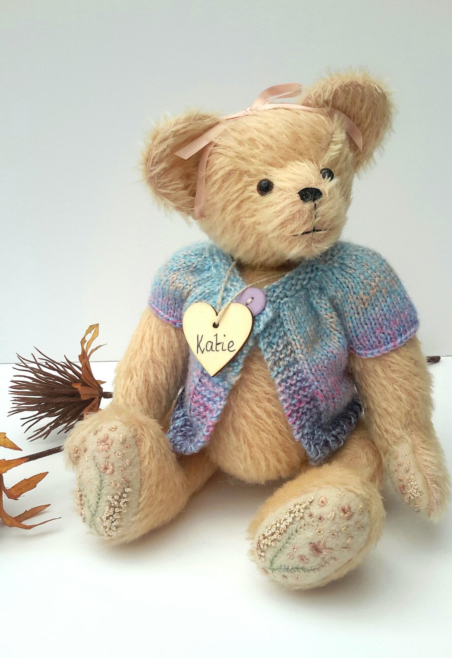 Katie, OOAK Collectable Mohair Artist Bear, Embroidered & Dressed Teddy Bear