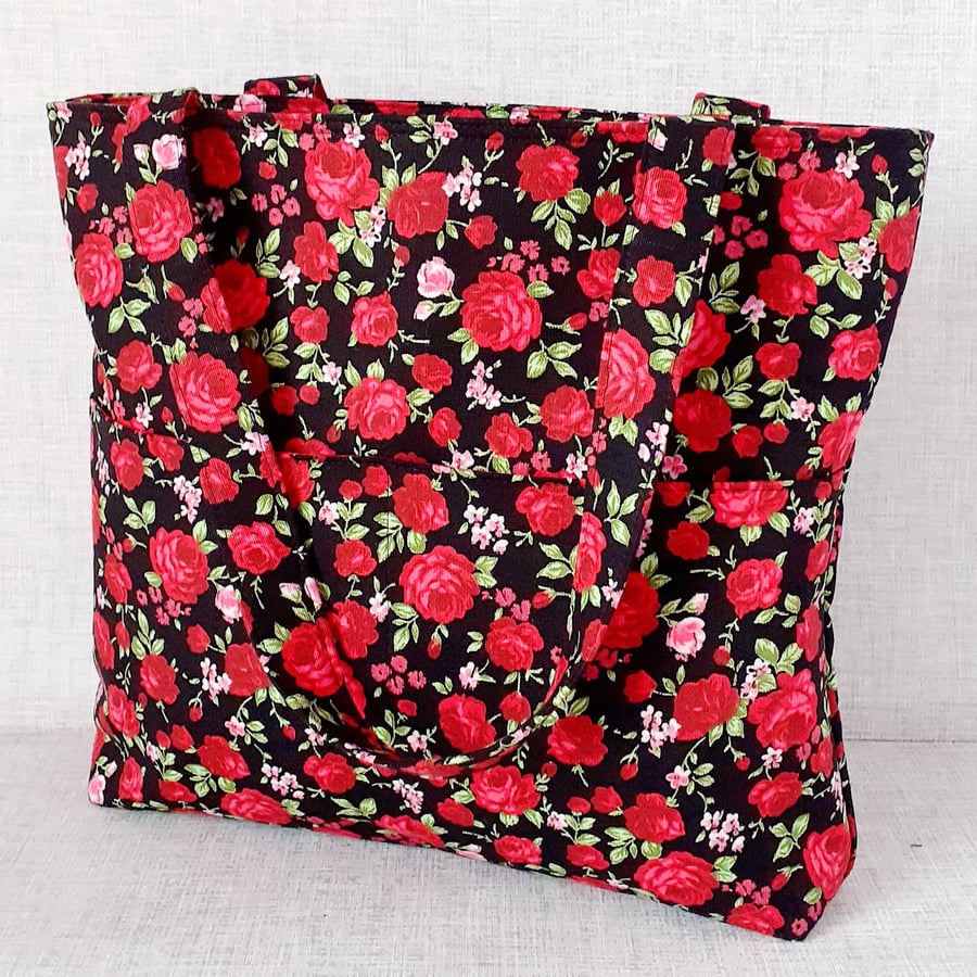 SALE: Handbag, tote bag, zipped bag, red roses.