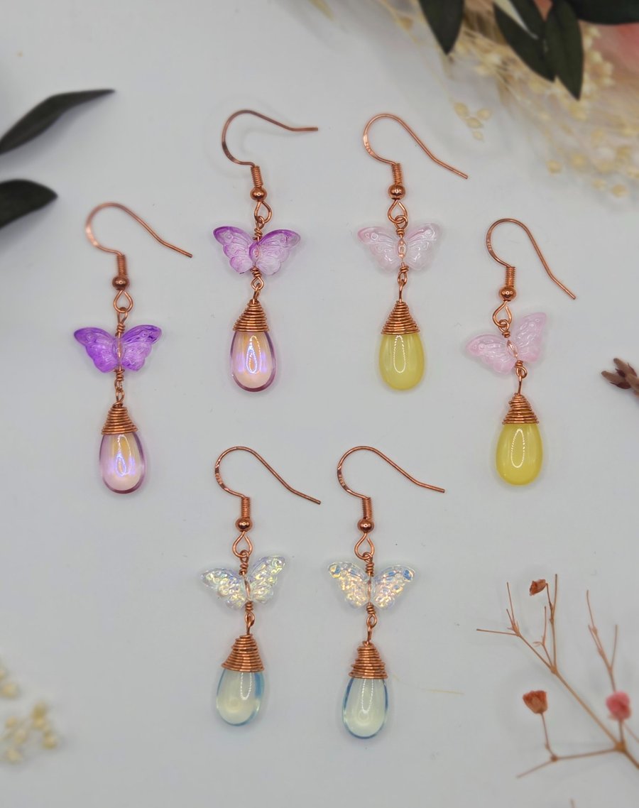 Handmade dainty butterfly and teardrop glass bead wire-wrapped dangle earrings 