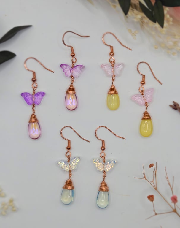 Handmade dainty butterfly and teardrop glass bead wire-wrapped dangle earrings 