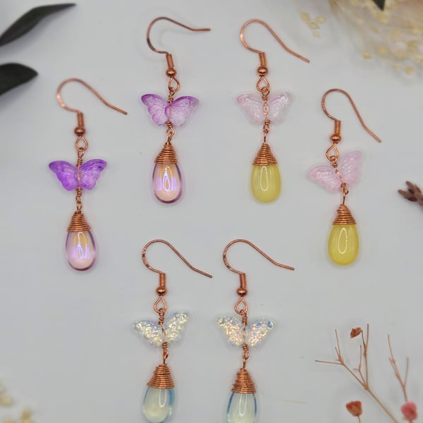 Handmade dainty butterfly and teardrop glass bead wire-wrapped dangle earrings 