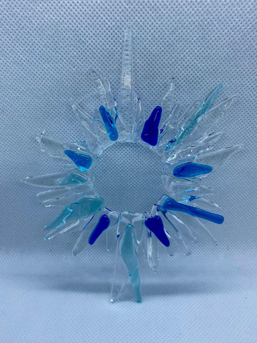 Fused glass clear and blue hanging decoration 