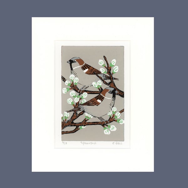 Lino Print, Bird Print, Sparrow Print, Hand Printed 