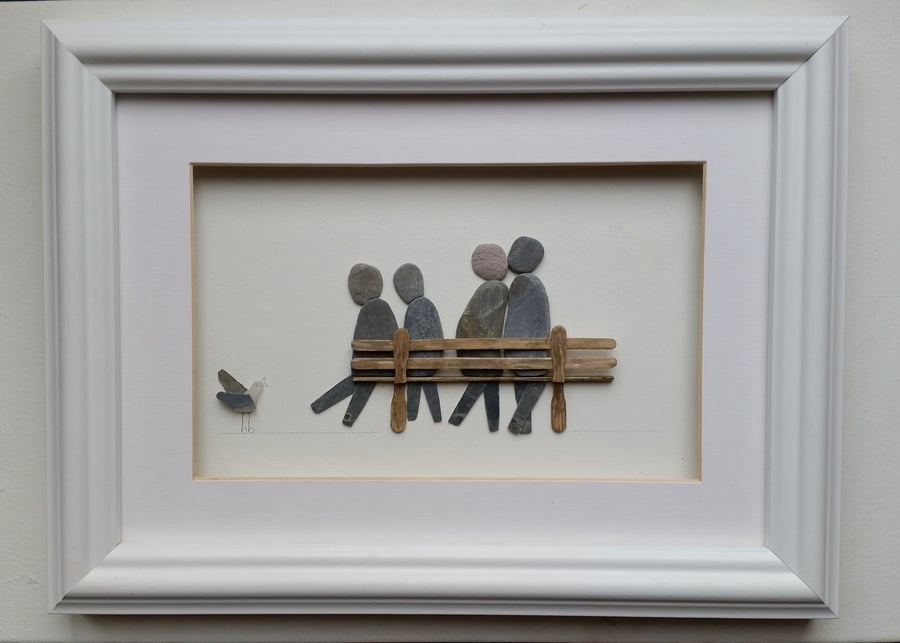 Pebble Art Picture, Family of Four on a Wooden Bench, Made in Cornwall